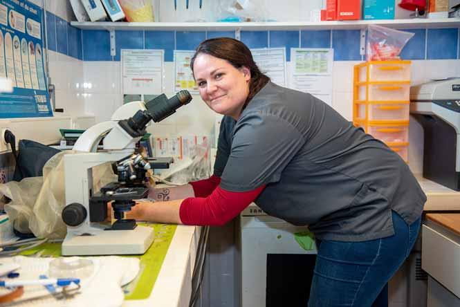 Dans le quotidien de la vétérinaire, tout un travail de laboratoire Morgane Macé devant un microscope